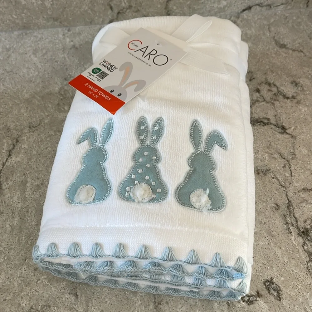 CARO Home, 100% Cotton White and Blue/Green Bunny Back Hand Towels, Set of 2